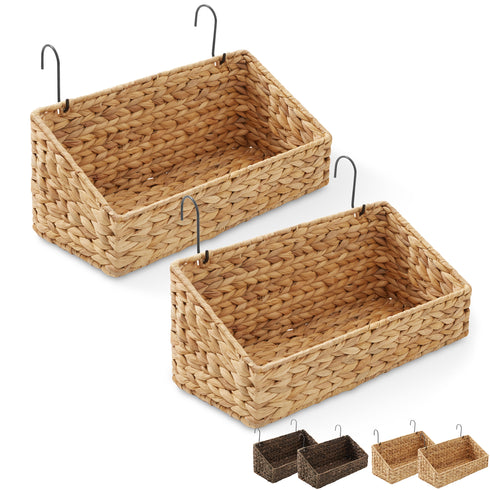 Set of 2 Hanging Baskets with Hooks, Water Hyacinth Wall Mounted Storage Bins